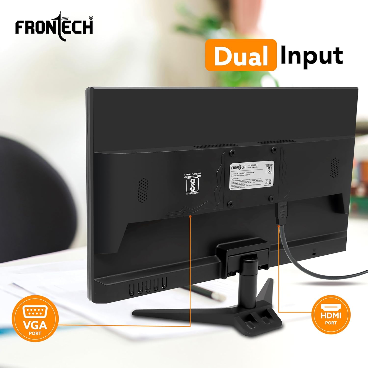 FRONTECH 22-inch, LED, HD 1680x1050, 60Hz, Black, Wall Mountable Slim & Stylish Design, 16.7M Colors, HDMI & VGA Ports, Built-in Power Supply Monitor (MON-0060)