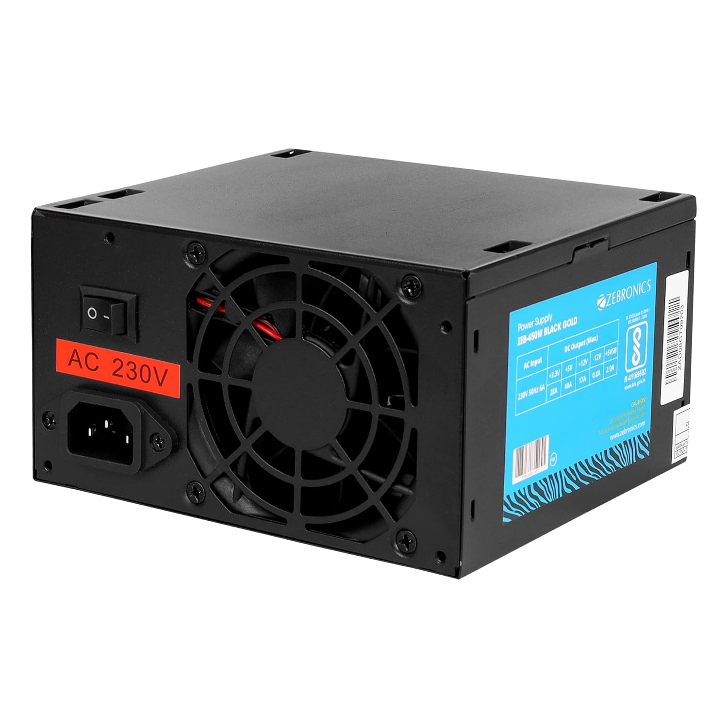 Zebronics 450W Black Gold Power Supply with 3X SATA connectors, 2X Molex, 80mm Built-in Fan, Extra L