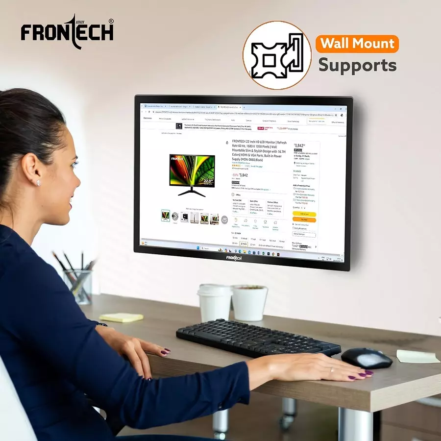 FRONTECH 19 Inch (48.25 Cm) LED Monitor with Supporting HDMI & VGA Input, HD 1440x900 Pixels, 16:10 Aspect Ratio, Slim Design & Wall Mountable, Black (MON-0071)