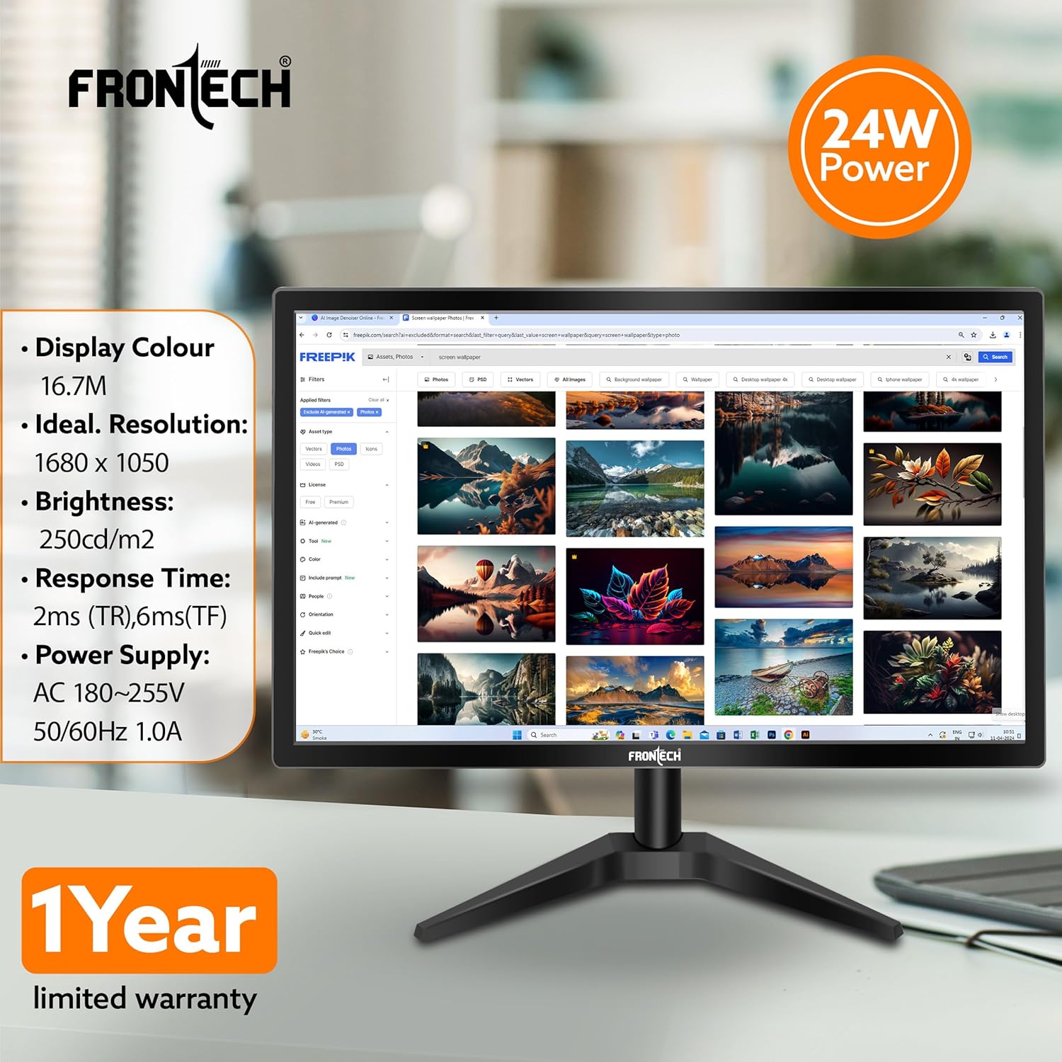 FRONTECH 22-inch, LED, HD 1680x1050, 60Hz, Black, Wall Mountable Slim & Stylish Design, 16.7M Colors, HDMI & VGA Ports, Built-in Power Supply Monitor (MON-0060)